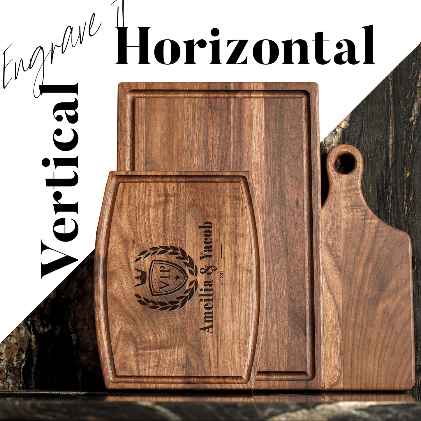 Personalisiertes Walnuss-Schneidebrett mit Untersetzern, Mineralöl und Geschenkverpackung erhältlich – Gestalten Sie Ihr eigenes Schneidebrett, hergestellt in den USA (Design 22, 3. Walnuss 17"x11")