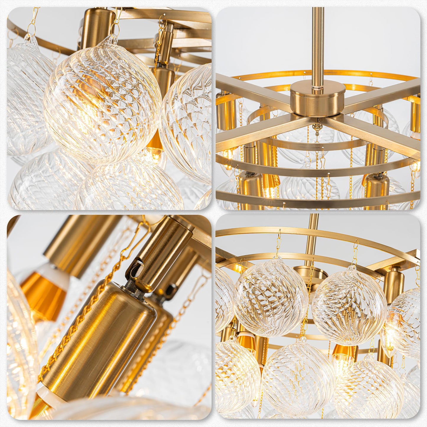 Goldfarbener mehrstufiger Glaskugel-Blasen-Kronleuchter, runder Kronleuchter aus gewirbeltem Glas, klares geblasenes Glas, 8-flammige Pendelleuchte mit 24 Zoll Durchmesser für Schlafzimmer und Restaurant