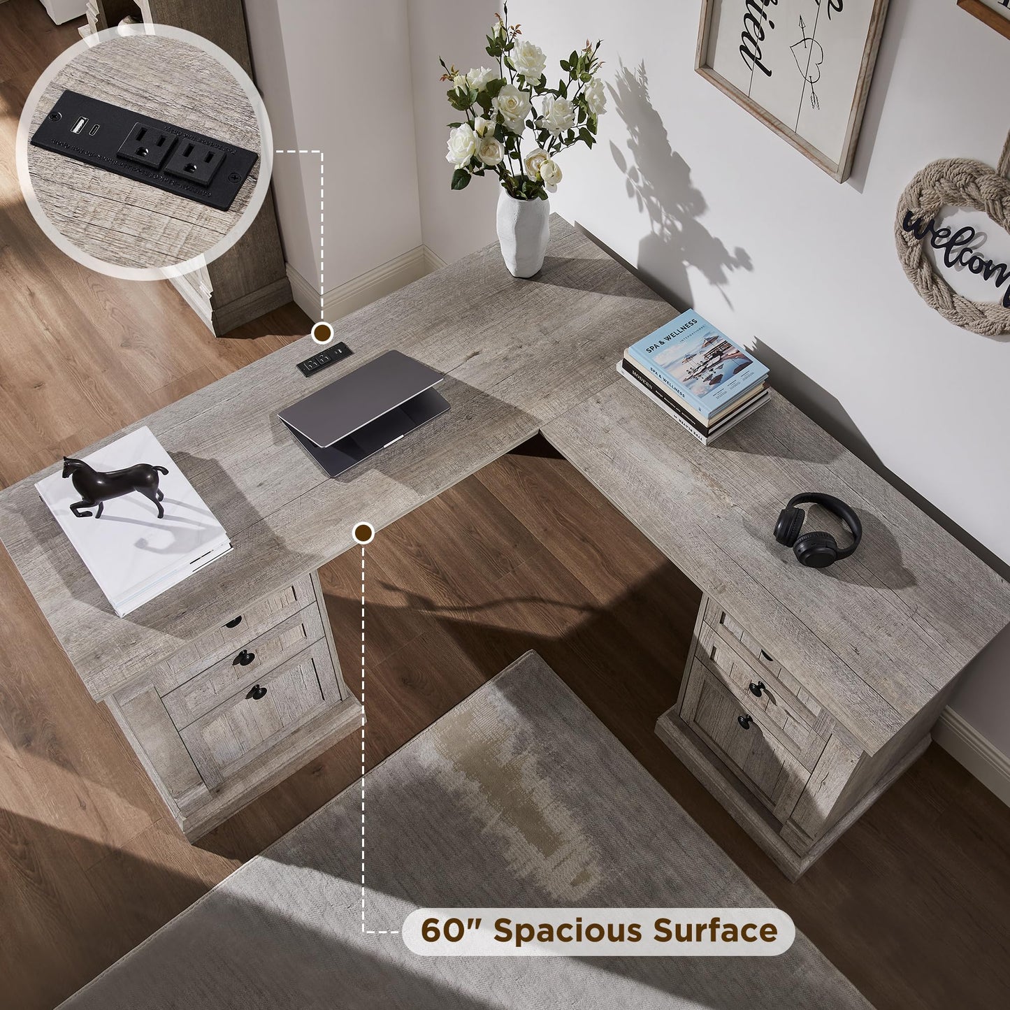 OKD 60-Zoll-Chefschreibtisch mit Schubladen, Home-Office-Schreibtisch im Landhausstil mit Ladestation, Tastaturablage, Aktenschrank-Aufbewahrung, Holz-Computertisch für Arbeit und Studium, Antikweiß