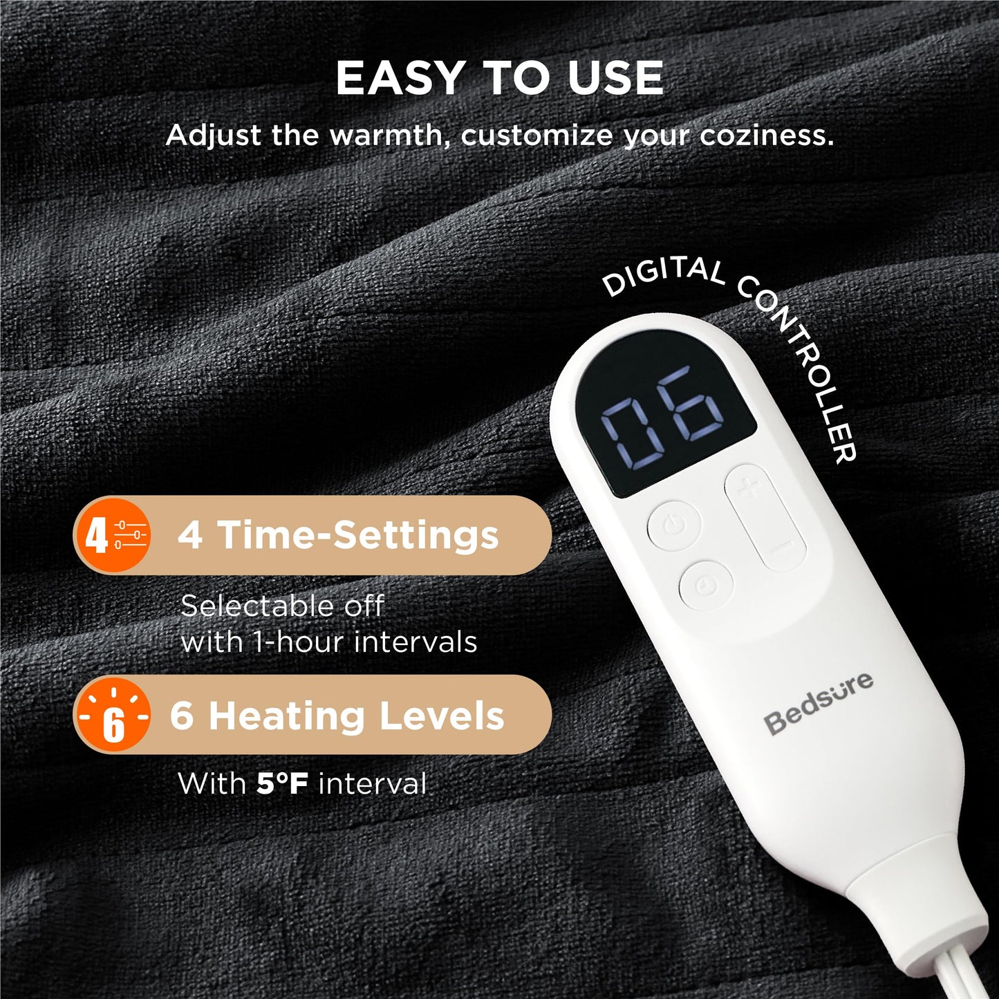 Electric Heated Blanket/Throw - Seamless Flannel Electric Blanket, Heating Blanket with 4 Time Settings & 6 Heat Settings, Warm Blanket Gift for Grandma (50x60 inches, Black)