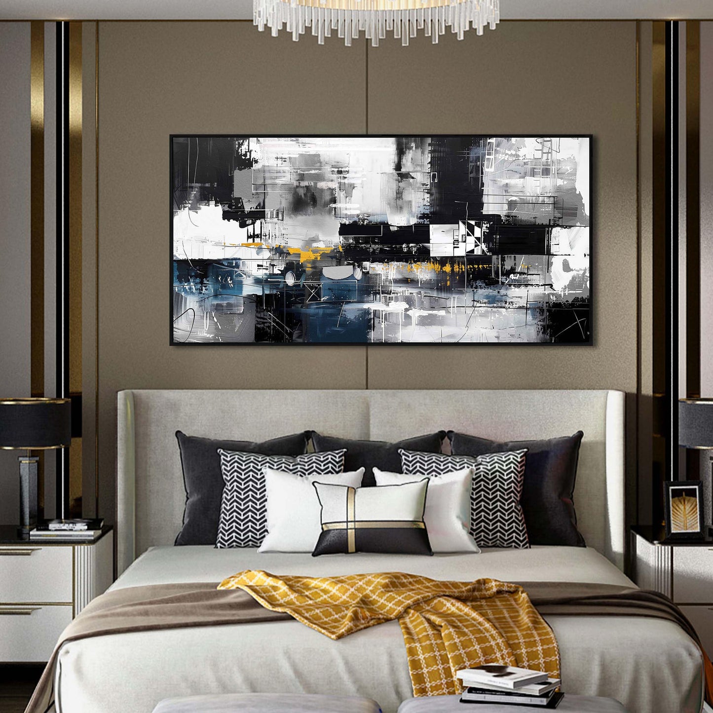 Gold Wall Art White Wall Pictures Beautiful Flower Wall Decorations for Living Room Black Artwork 24"x48" Art for Home Office