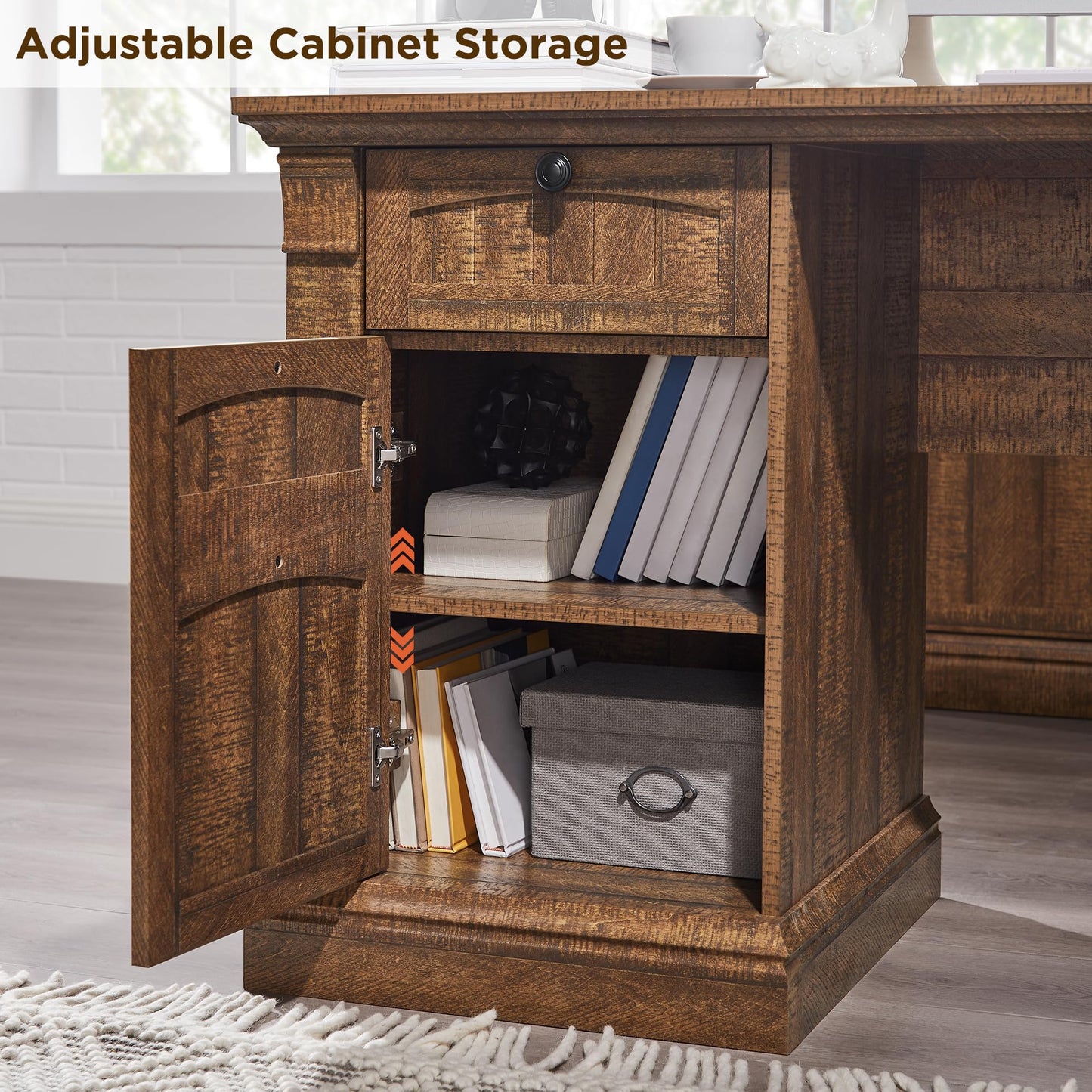 OKD 60-Zoll-Chefschreibtisch mit Schubladen, Home-Office-Schreibtisch im Landhausstil mit Ladestation, Tastaturablage, Aktenschrank-Aufbewahrung, Holz-Computertisch für Arbeit und Studium, Antikweiß