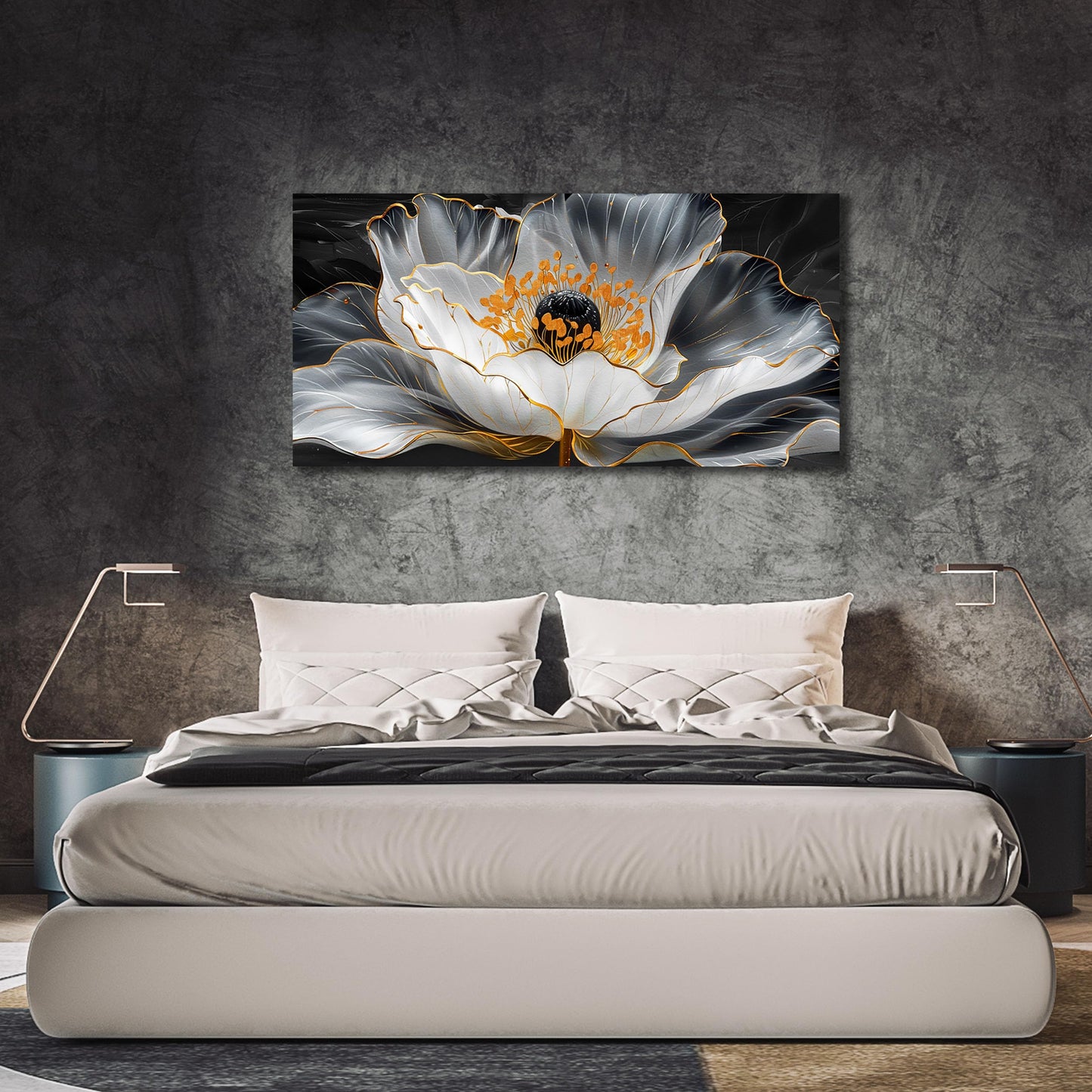 Gold Wall Art White Wall Pictures Beautiful Flower Wall Decorations for Living Room Black Artwork 24"x48" Art for Home Office