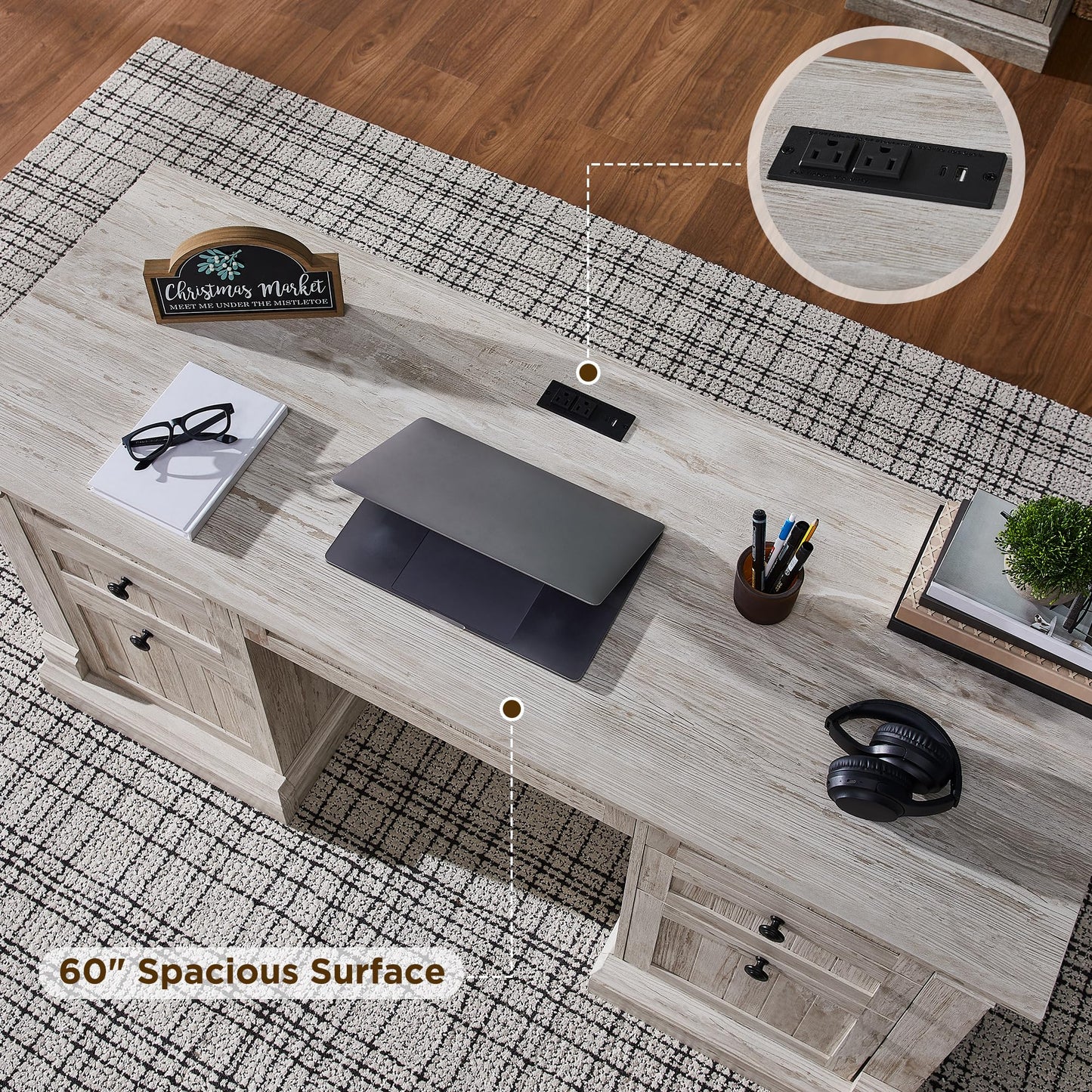OKD 60-Zoll-Chefschreibtisch mit Schubladen, Home-Office-Schreibtisch im Landhausstil mit Ladestation, Tastaturablage, Aktenschrank-Aufbewahrung, Holz-Computertisch für Arbeit und Studium, Antikweiß