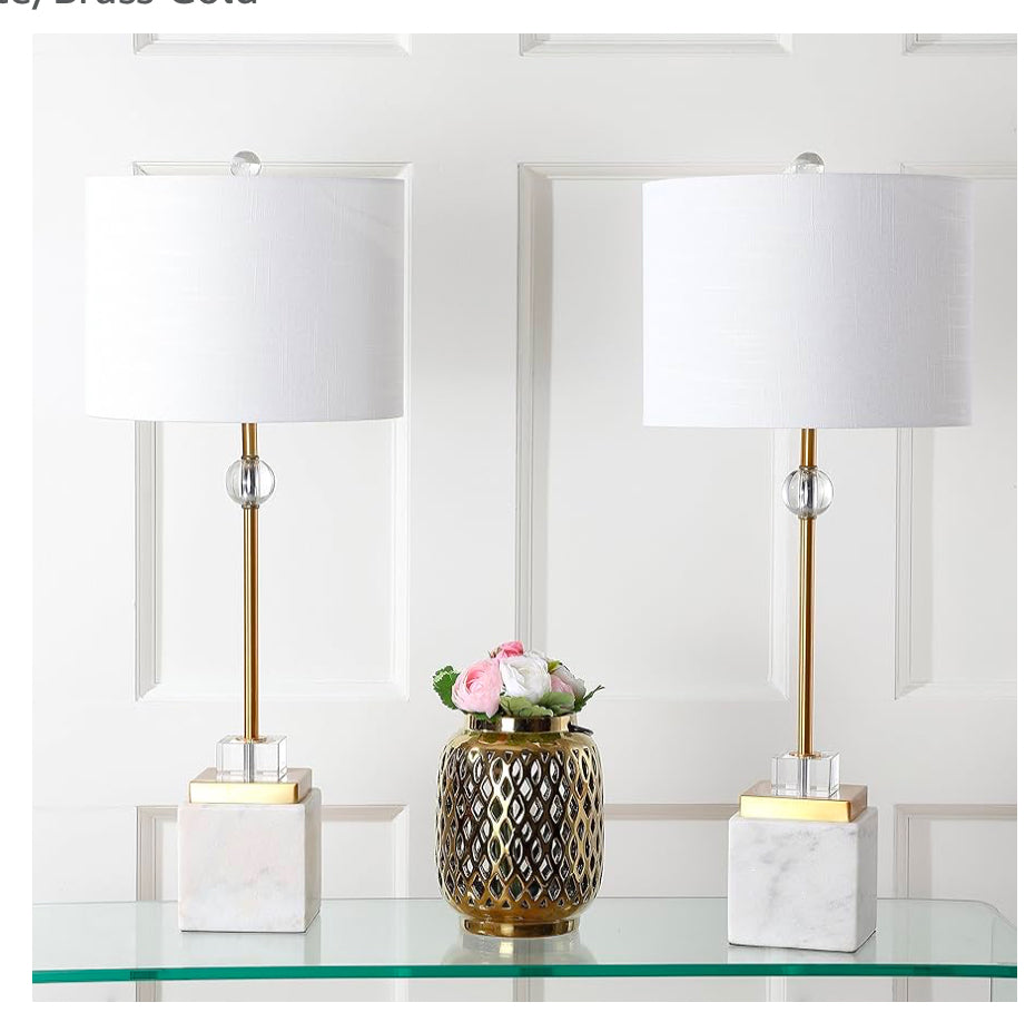 JONATHAN Y JYL5008A-SET2 Set of 2 Table Lamps Dawson 30" Marble/Crystal LED Table Lamp Modern Contemporary Bedside Desk Nightstand Lamp for Bedroom Living Room, White/Brass Gold