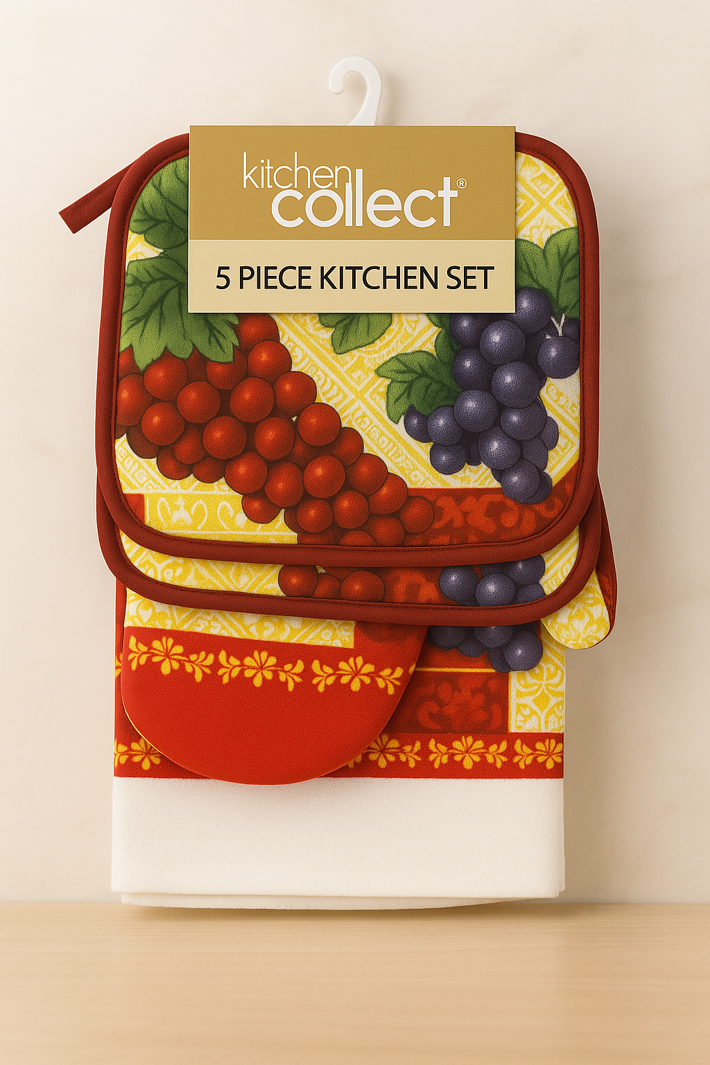 Vineyard Charm 5-Piece Kitchen Set – Towels, Mitt & Pot Holders