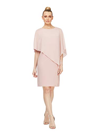 S.L. Fashions Women's Short Sheath Capelet Gown with Asymmetric Overlay, Mother of The Bride Dress (Petite and Regular Sizes)
