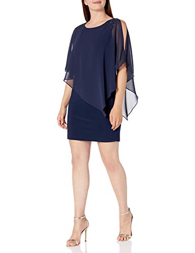 S.L. Fashions Women's Short Sheath Capelet Gown with Asymmetric Overlay, Mother of The Bride Dress (Petite and Regular Sizes)