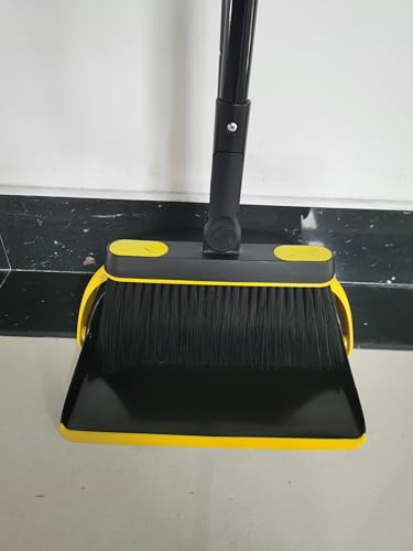 JEHONN Broom and Dust Pan, 54.3 inches Long Handle Swivel Brush, Upright Foldable Dustpan with Comb Teeth for Home Kitchen Lobby Indoor Floor Cleaning (Black & Gray)