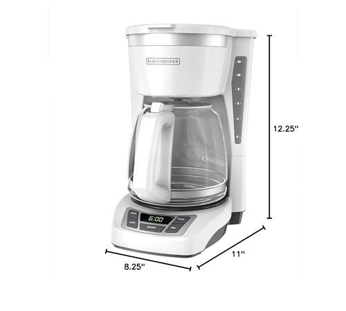 Cafetière numérique 12 tasses BLACK+DECKER, CM1160W, programmable, filtre à panier lavable, Sneak-A-Cup, infusion automatique, fenêtre d'eau, maintien de la plaque chauffante, blanc 