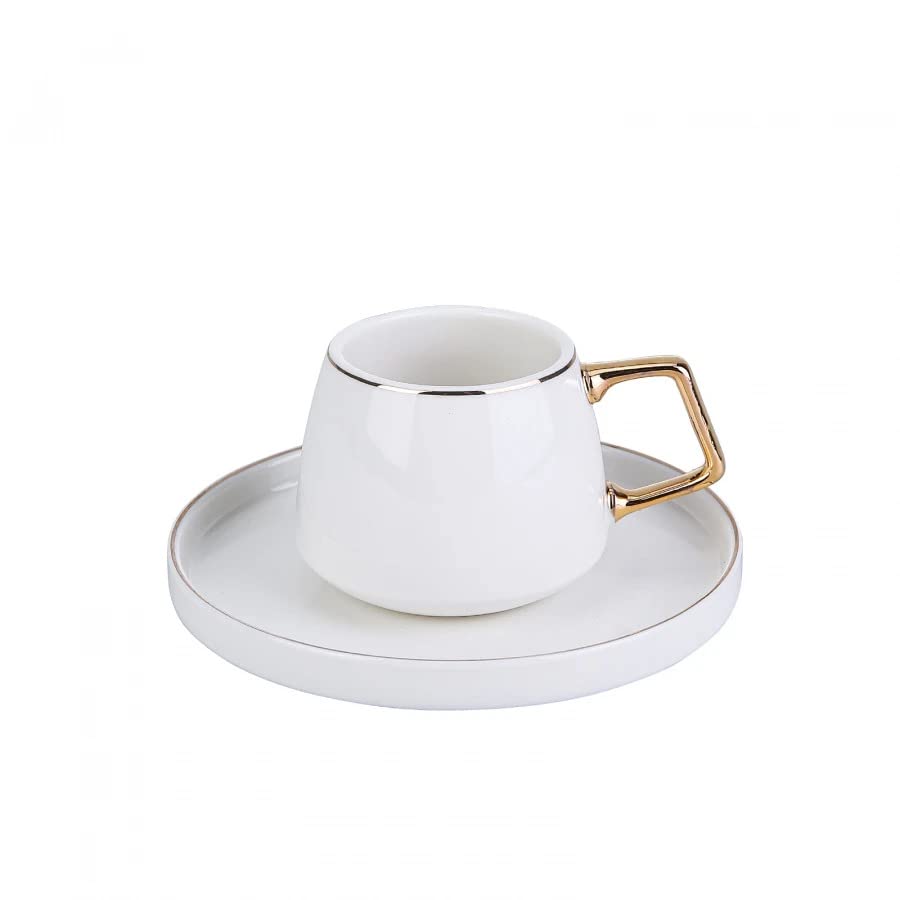 Lot de 6 tasses à café turques KARACA Globe, 80 ml, 2,7 oz, petites tasses à expresso avec soucoupes, porcelaine, motifs noirs et poignées dorées, idéales pour servir du café, de l'espresso et du cappuccino 