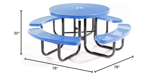 Coated Outdoor Furniture Heavy-Duty Portable Outdoor Picnic Table with Umbrella Hole, Expanded Metal Commercial-Grade Patio Dining Furniture Made in America (46" Round Top, Light Blue)