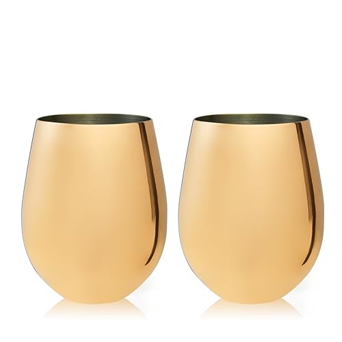 Viski Gold Wine Glasses, Stemless Wine Glass Set, Stainless Steel with Gold Finish, 18 Ounces, Set of 2, Gold