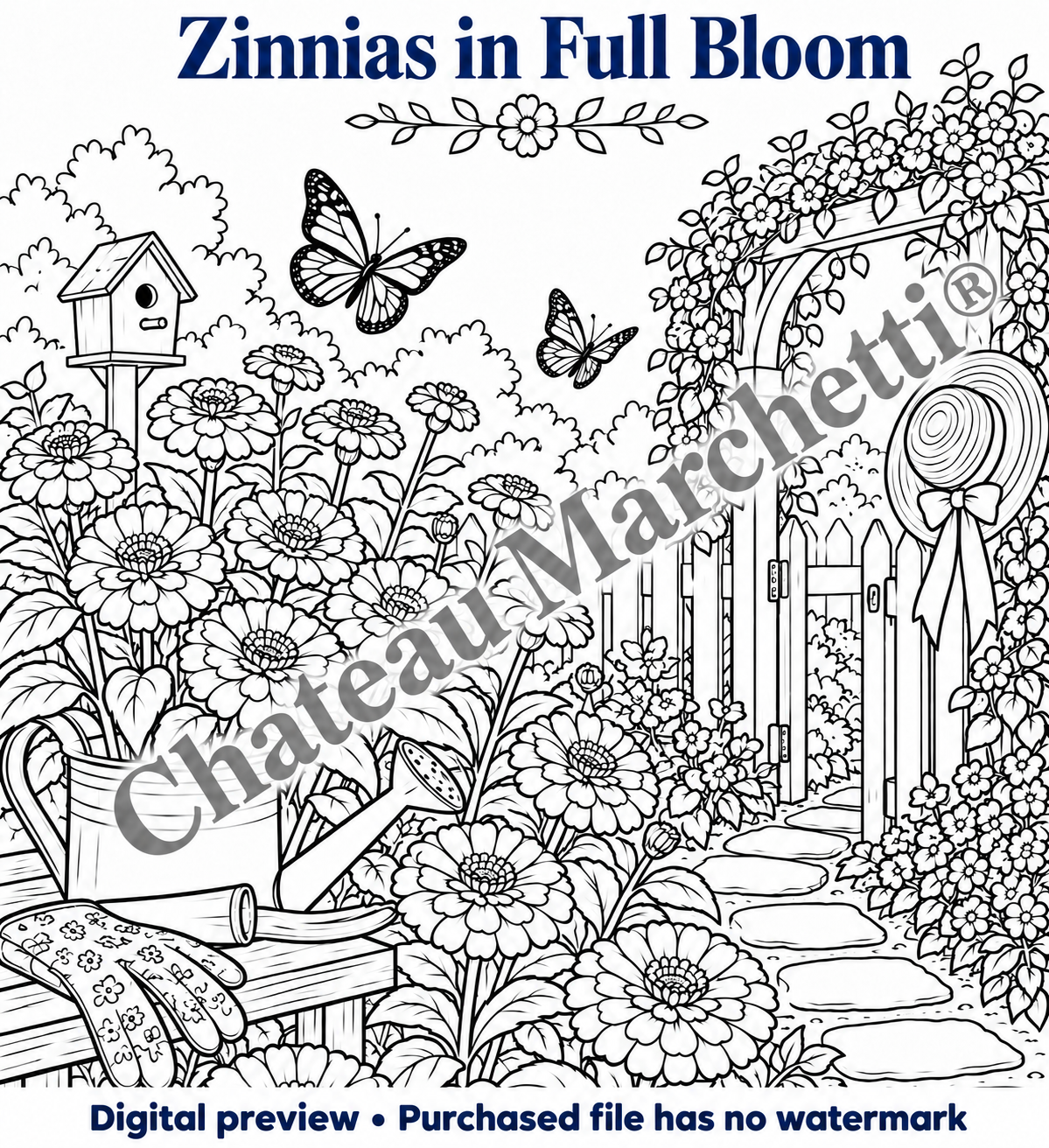 Zinnias in Full Bloom | Printable Flower Coloring Art | JPEG Download