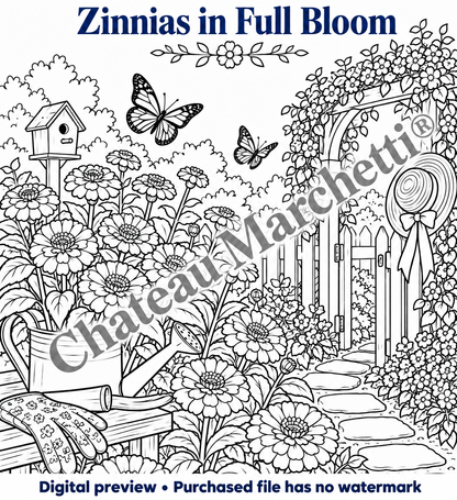 Zinnias in Full Bloom | Printable Flower Coloring Art | JPEG Download