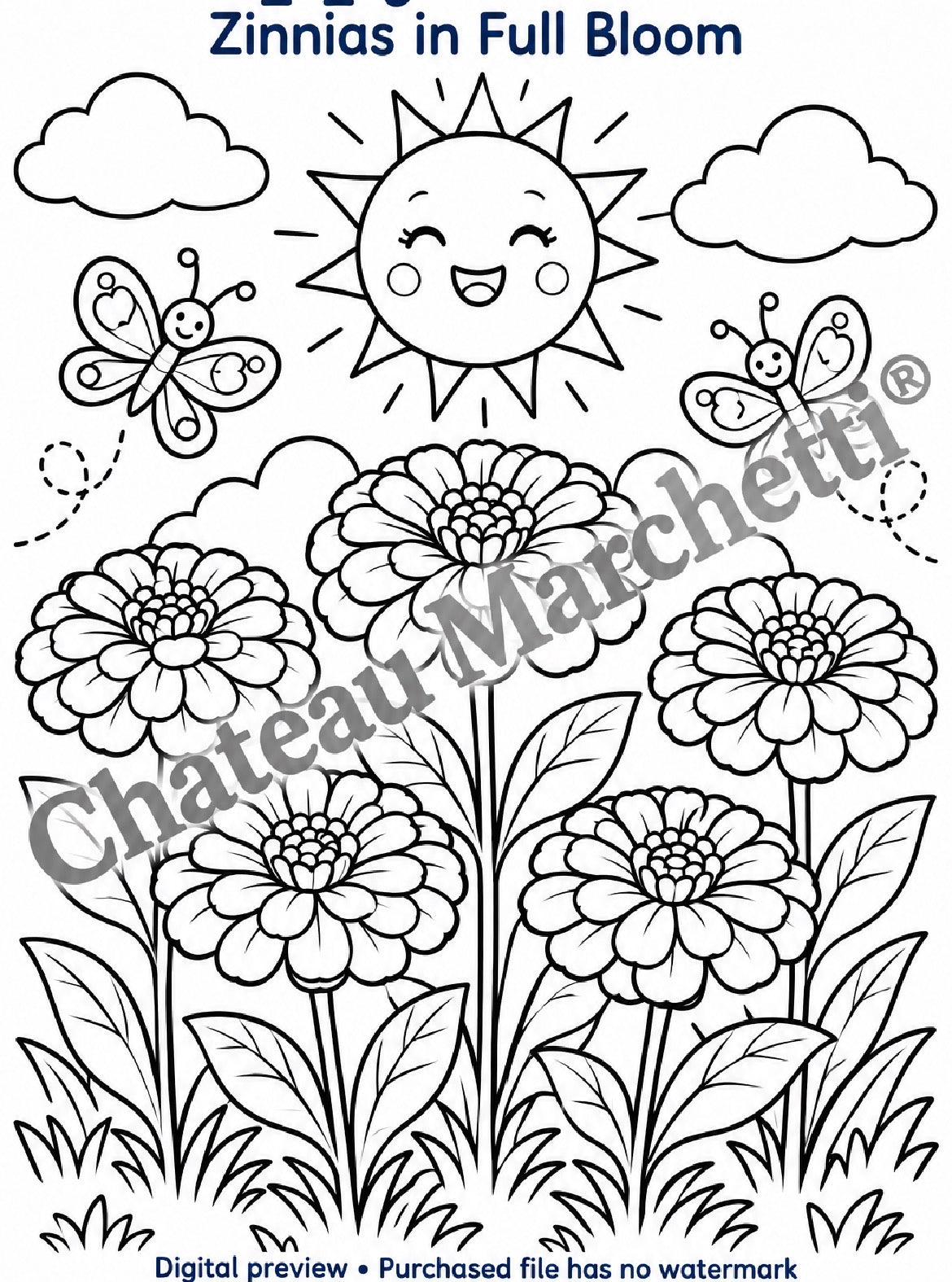 Zinnias in Full Bloom | Printable Flower Coloring Art | JPEG Download