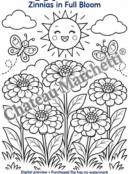 Zinnias in Full Bloom | Printable Flower Coloring Art | JPEG Download