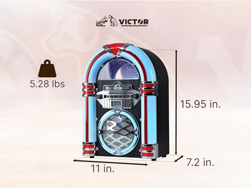 VICTOR Wilshire Desktop Bluetooth Jukebox with FM Radio, Built-in Stereo Speaker and Multicolor LED Lighting, Black (VDTJ-1450-BK)