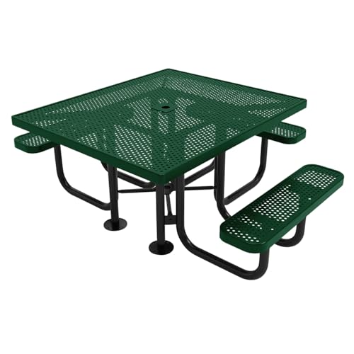 Coated Outdoor Furniture Heavy-Duty Portable Outdoor Picnic Table with Umbrella Hole, Expanded Metal Commercial-Grade Patio Dining Furniture Made in America (46" Square Top, Green)