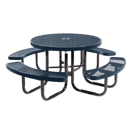 Table de pique-nique d'extérieur portable et robuste avec trou pour parasol, mobilier d'extérieur en métal déployé de qualité commerciale, fabriqué en Amérique (plateau rond de 46 po, bleu clair) 