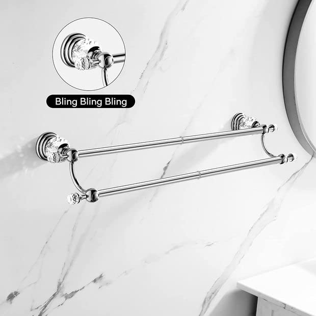 WINCASE Chrome Towel Bar, Adjustable Double Towel Holder, Silver Crystal Bathroom Towel Racks Wall Mounted