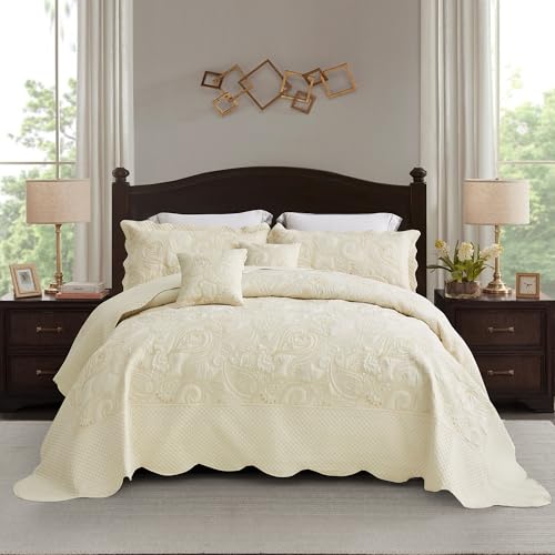 Oversized King Bedspread 128x120 Extra Wide, Paisley Pattern Design, Lightweight Bedding Cover, Reversible, 5 Piece, 100% Microfiber, King/Cal King, Pure White