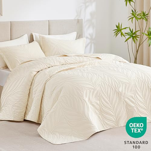 EXQ Home Steppdeckenset, Full Queen Size, Beige, 3-teilig, leichte, weiche Tagesdecke mit modernem Blättermuster (1 Steppdecke, 2 Kissenbezüge) 