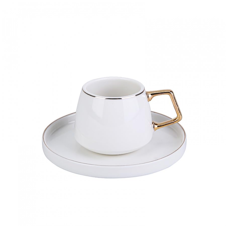 Lot de 6 tasses à café turques KARACA Globe, 80 ml, 2,7 oz, petites tasses à expresso avec soucoupes, porcelaine, motifs noirs et poignées dorées, idéales pour servir du café, de l'espresso et du cappuccino 