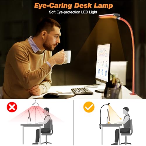 Lampe de bureau LED pour bureau à domicile, lampe de bureau respectueuse des yeux avec gradation continue, col de cygne flexible réglable, adaptateur USB 10 W, lampe de bureau avec pince pour lecture, étude, établi (noir) 