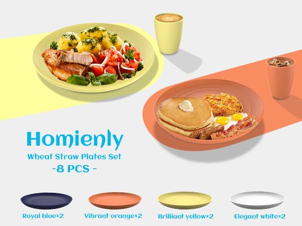 Homienly Deep Dinner Plates Set of 8 Alternative for Plastic Plates Microwave and Dishwasher Safe Wheat Straw Plates for Kitchen Unbreakable Kids Plates with 4 Colors (Classic Bright, 9 inch)