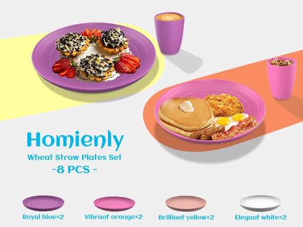 Homienly Deep Dinner Plates Set of 8 Alternative for Plastic Plates Microwave and Dishwasher Safe Wheat Straw Plates for Kitchen Unbreakable Kids Plates with 4 Colors (Classic Bright, 9 inch)