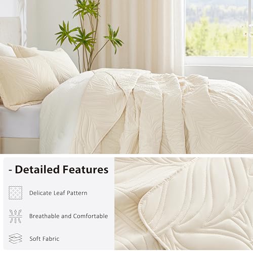 EXQ Home Quilt Set Full Queen Size Beige 3 Piece,Lightweight Soft Coverlet Modern Style Leaf Pattern Bedspread Set(1 Quilt,2 Pillow Shams)