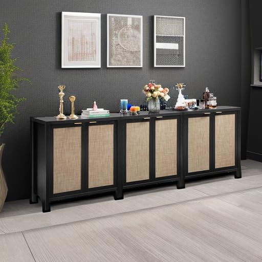 SICOTAS Rattan-Sideboard, Buffetschrank – großer Küchenschrank im Boho-Stil mit Rattan-Aufbewahrung – Holz-Kaffeebar-Schrank, Buffet-Konsolentisch für Esszimmer, Wohnzimmer, Flur – Natur 