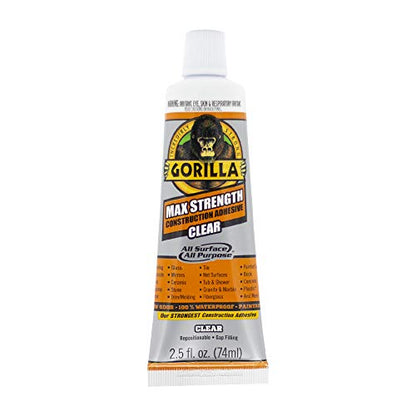 Gorilla Max Strength Construction Adhesive, Clear Glue, Squeeze Tube - Gap Filling and Waterproof