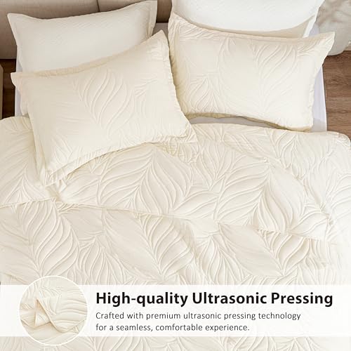 EXQ Home Quilt Set Full Queen Size Beige 3 Piece,Lightweight Soft Coverlet Modern Style Leaf Pattern Bedspread Set(1 Quilt,2 Pillow Shams)