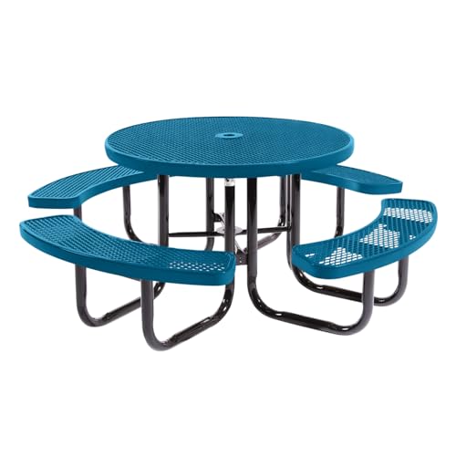 Coated Outdoor Furniture Heavy-Duty Portable Outdoor Picnic Table with Umbrella Hole, Expanded Metal Commercial-Grade Patio Dining Furniture Made in America (46" Round Top, Light Blue)