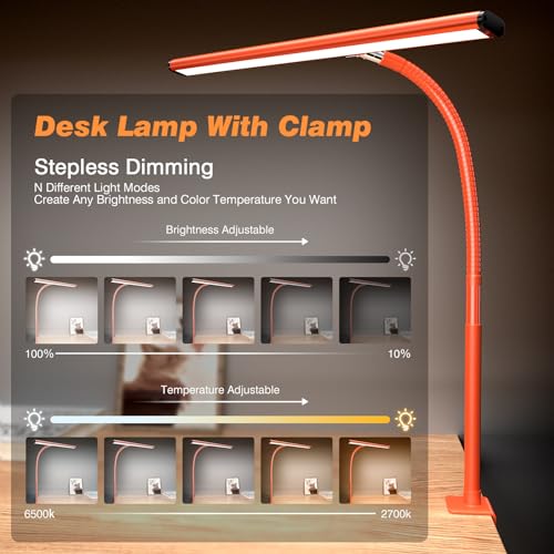 LED Desk Lamp for Office Home, Eye-Caring Desk Light with Stepless Dimming Adjustable Flexible Gooseneck, 10W USB Adapter Desk Lamp with Clamp for Reading, Study, Workbench (Black)