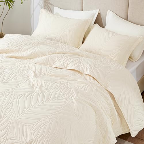 EXQ Home Quilt Set Full Queen Size Beige 3 Piece,Lightweight Soft Coverlet Modern Style Leaf Pattern Bedspread Set(1 Quilt,2 Pillow Shams)