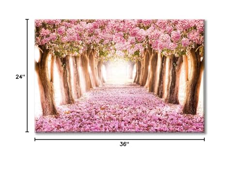 UTOP-art Tableau mural avec fleurs roses : paysage forestier, arbre, chemin, peinture sur toile enveloppée pour salon (36'' x 24'' x 1 panneau) 