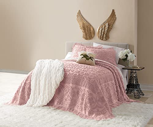 Couvre-lit en chenille florale Montgomery Ward Emily, couette en coton doux, couette king size en blush - Literie d'hôtel de luxe, couvre-lit king size (blush, king size) 