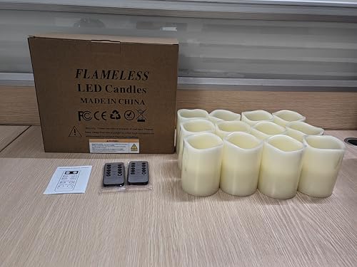 Lot de 12 bougies sans flamme Hausware à piles (D : 3 po x H : 4 po) Bougies piliers en cire véritable vacillantes Bougies LED sans flamme avec télécommande et minuterie (couleur ivoire) 