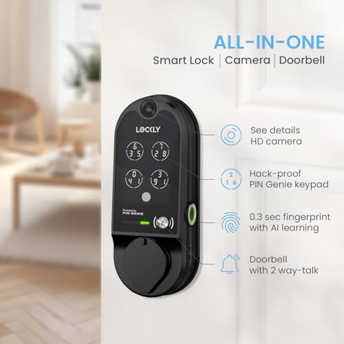 Lockly Vision Smart Lock, HD Video Doorbell Smart Locks for Front Door, Fingerprint Door Lock, Touchscreen Keypad, App Control, No Monthly Fee, Auto Lock - Satin Nickel