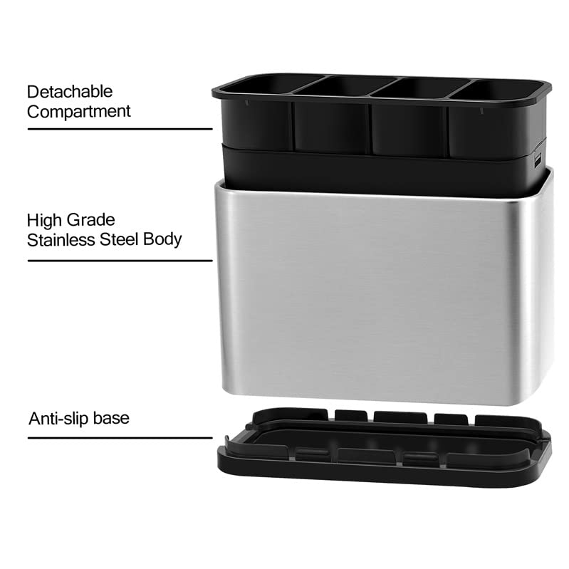 Kitchen Utensil Holder for Countertop Flatware Organizer Utensil Crock Holder Caddy Anti Slip Drip Tray Stainless Steel,7.1 x 3.4 x 5.2 inch