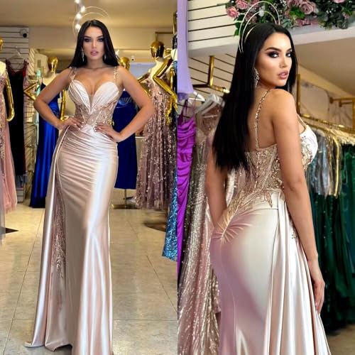 V Neck Satin Prom Dresses Long Mermaid Lace Evening Gown with Slit Pleated Bodycon Formal Dress with Tail