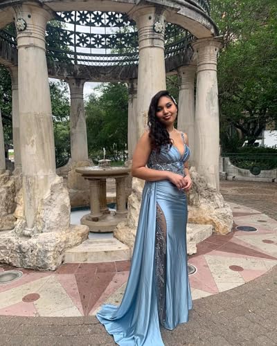 V Neck Satin Prom Dresses Long Mermaid Lace Evening Gown with Slit Pleated Bodycon Formal Dress with Tail