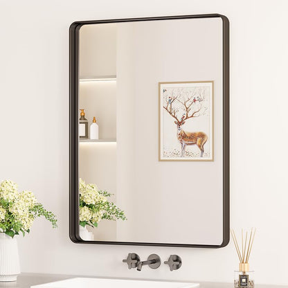 Keonjinn Black Mirror for Bathroom Sink, 24 x 30 Inch Sandblasted Finish Aluminum Wall Mirrors, Matte Black Rectangle Farmhouse Mirror with Shatterproof HD Tempered Glass, Anti-Rust Metal Frame