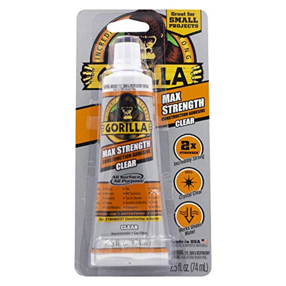 Gorilla Max Strength Construction Adhesive, Clear Glue, Squeeze Tube - Gap Filling and Waterproof