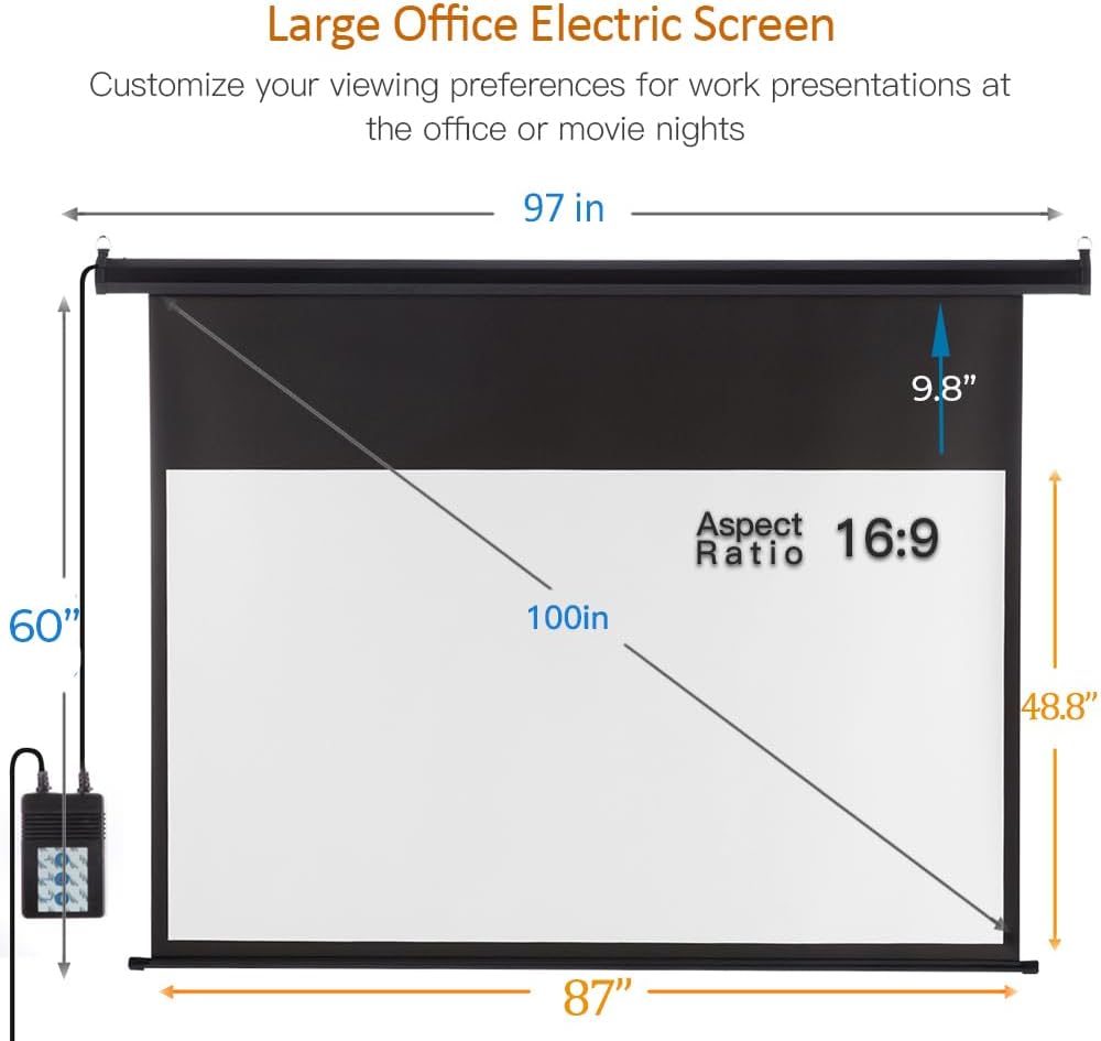 Motorized Projector Screen 100 inch 16:9 HD Diagonal Indoor and Outdoor Movie Screen with Remote Control for Family Home Office Theater, Black