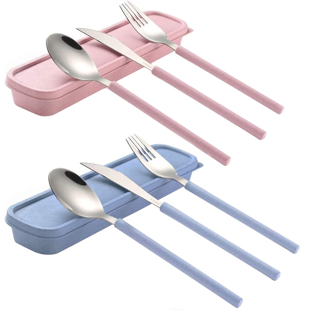 Portable Travel Utensils Set, 18/8 Stainless Steel 3 PCS Cutlery Set Including Knife Fork and Spoon, Reusable Travel Silverware Set with Case for Lunch Box Camping School Office