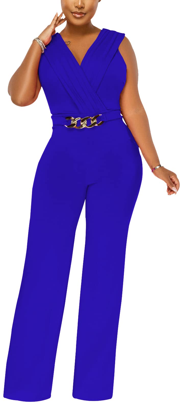 Damen Sommer Formal Elegante Jumpsuits V-Ausschnitt Ärmellos Party Strampler Stretch Wickel Weites Bein Lange Hose Clubwear 